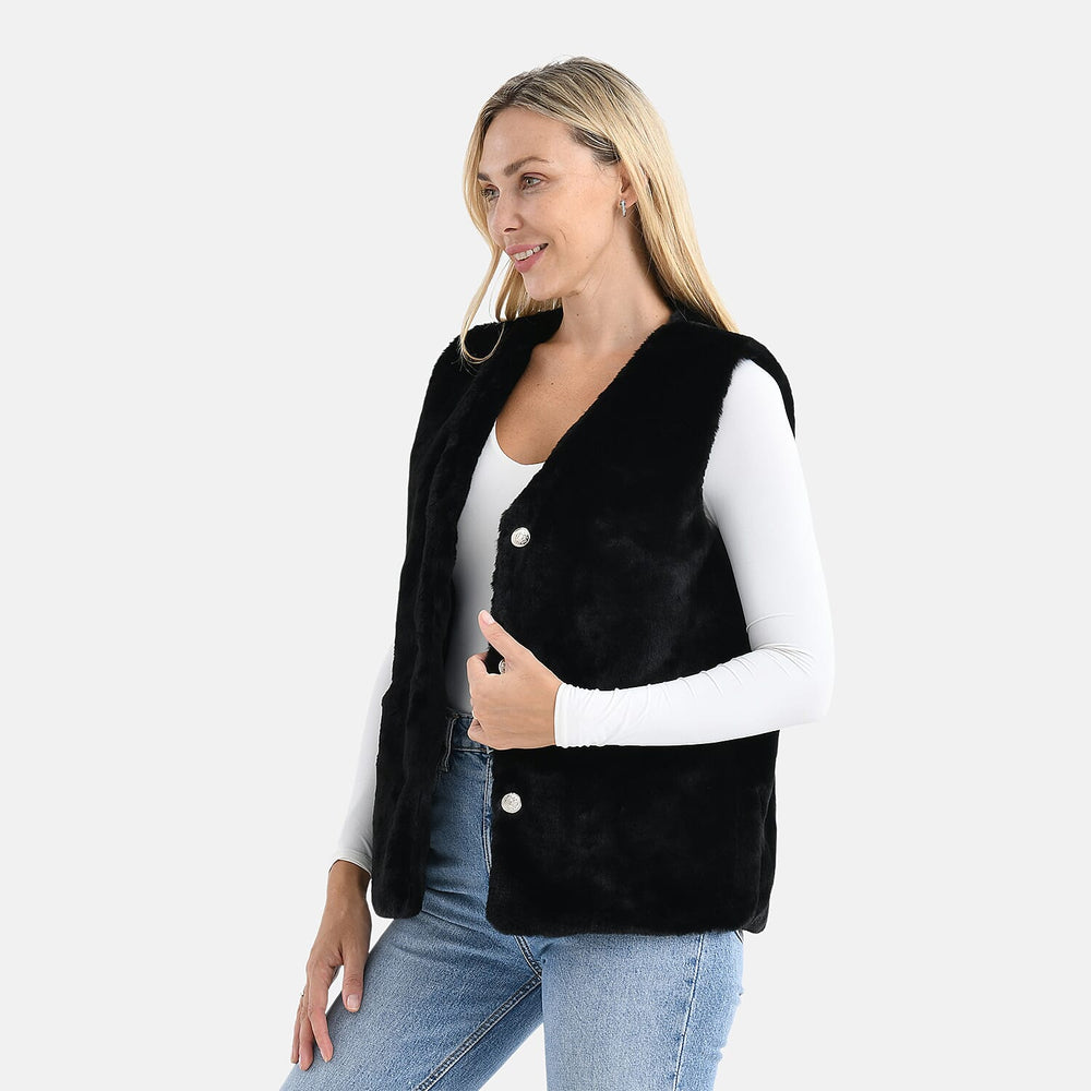 - Maisi Faux Fur Half-Sleeve Luxe Gilet Coat with Button Detail (Size S-M) - Black