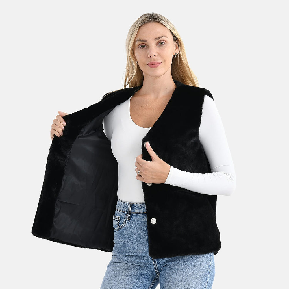 - Maisi Faux Fur Half-Sleeve Luxe Gilet Coat with Button Detail (Size S-M) - Black