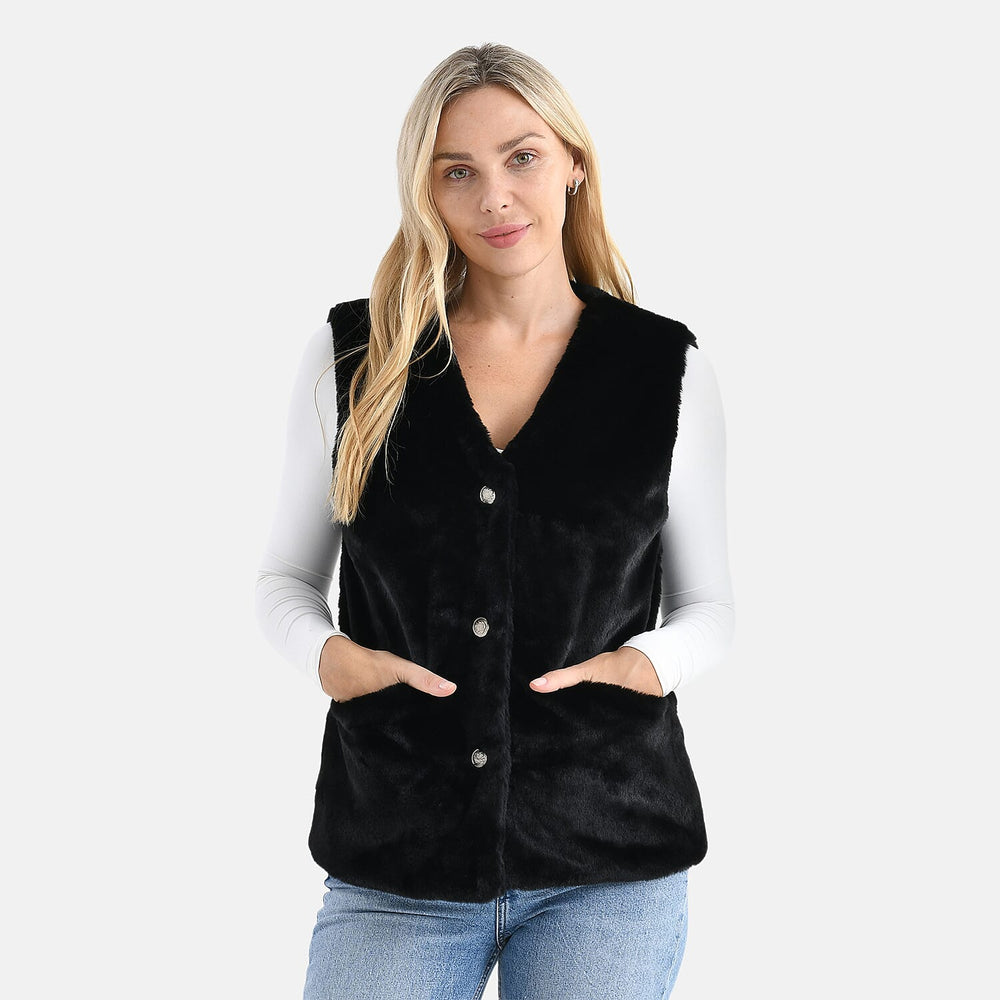 - Maisi Faux Fur Half-Sleeve Luxe Gilet Coat with Button Detail (Size S-M) - Black