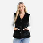 - Maisi Faux Fur Half-Sleeve Luxe Gilet Coat with Button Detail (Size S-M) - Black