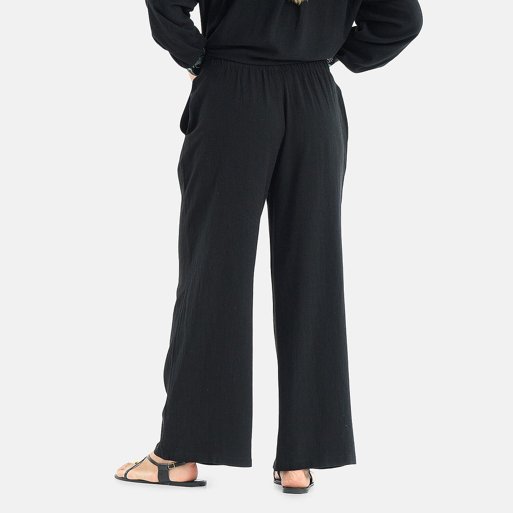 -Maisi Linen Blend Wide Leg Trousers with Floral Embroidery (Size L) - Black