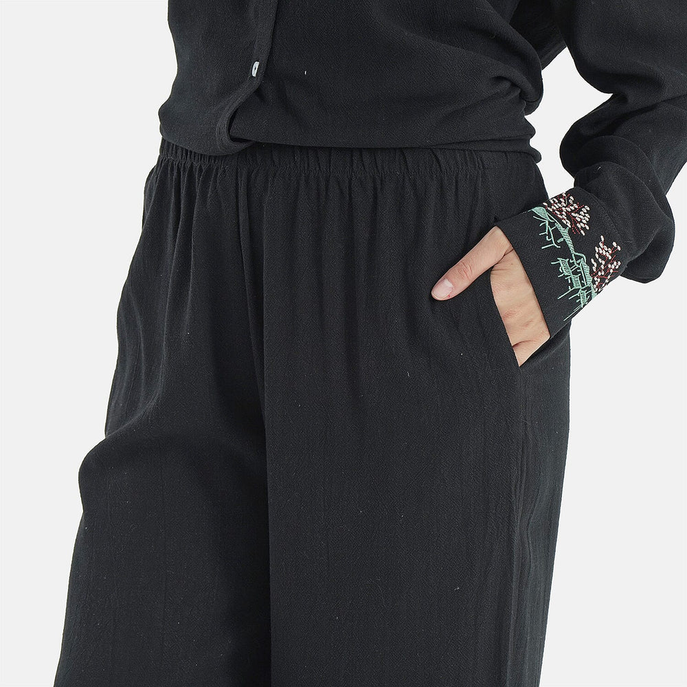 -Maisi Linen Blend Wide Leg Trousers with Floral Embroidery (Size L) - Black
