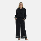 -Maisi Linen Blend Wide Leg Trousers with Floral Embroidery (Size L) - Black