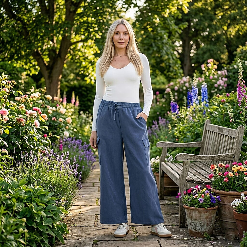 - Maisi Lightweight Cargo Trousers with Elasticated Waist (Size - L) - Navy Blue