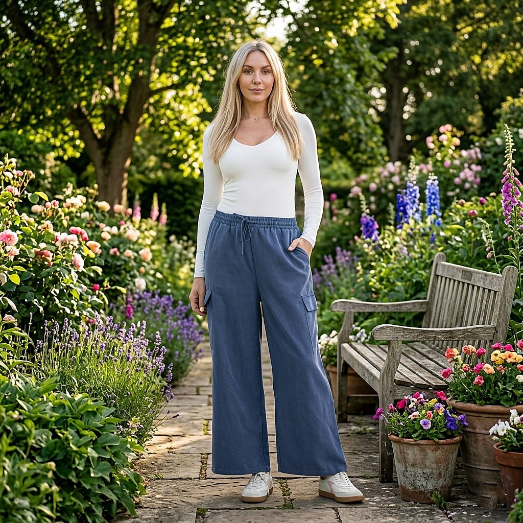 - Maisi Lightweight Cargo Trousers with Elasticated Waist (Size - L) - Navy Blue