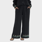 - Maisi Linen Blend Wide leg Trousers with Floral Embroidery (Size M) - Black