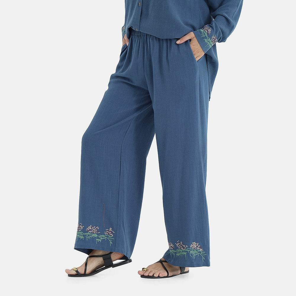 -Maisi Linen Blend Wide Leg Trousers with Floral Embroidery (Size XL) - Blue