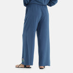 -Maisi Linen Blend Wide Leg Trousers with Floral Embroidery (Size XL) - Blue
