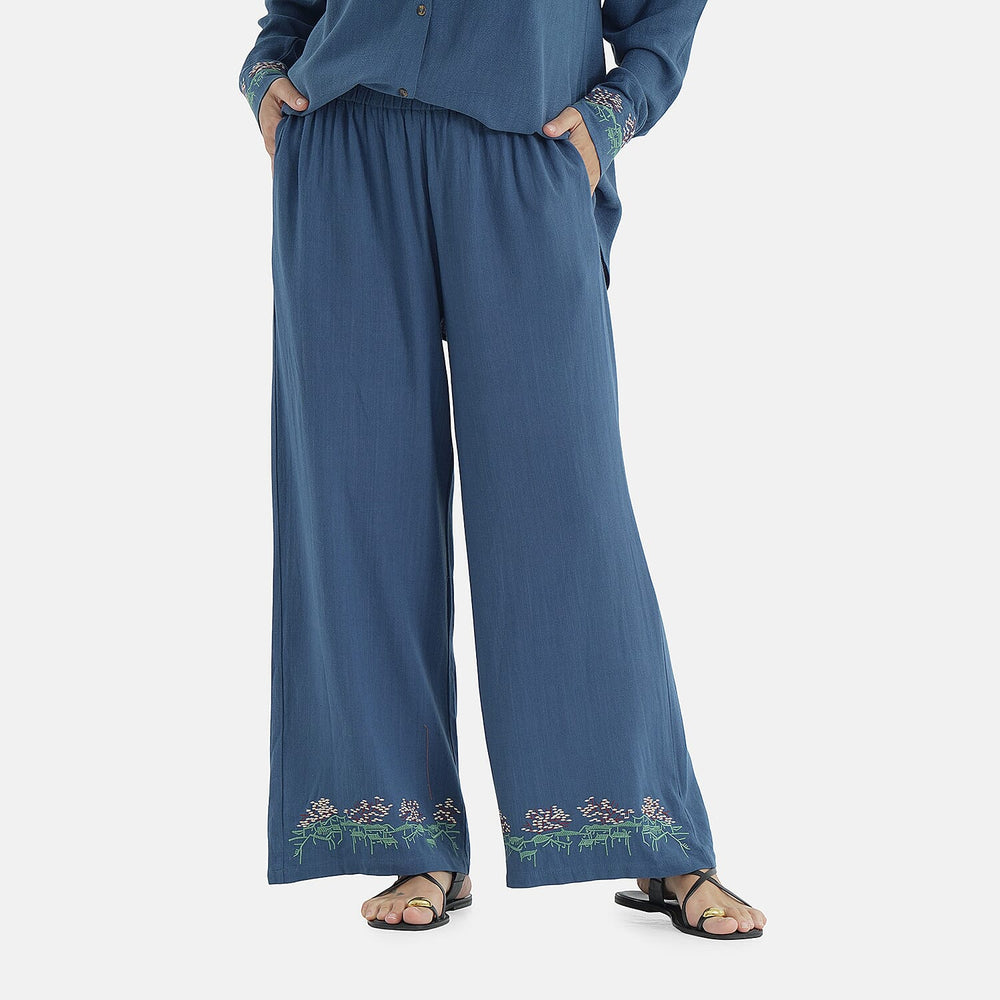-Maisi Linen Blend Wide Leg Trousers with Floral Embroidery (Size XL) - Blue