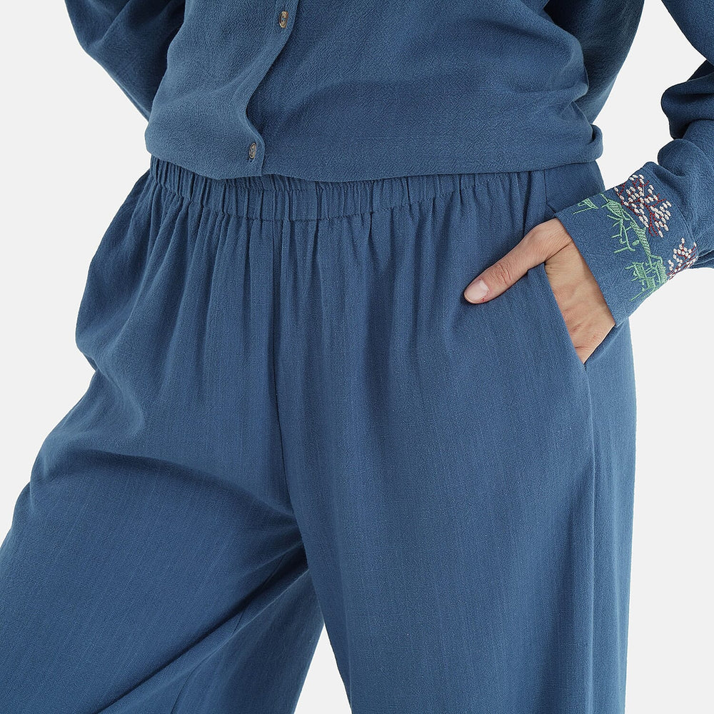 -Maisi Linen Blend Wide Leg Trousers with Floral Embroidery (Size XL) - Blue
