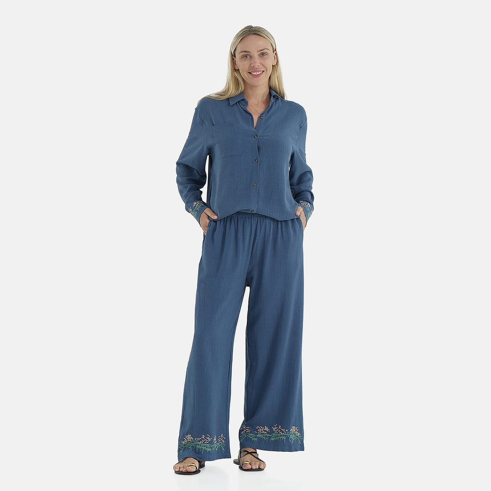-Maisi Linen Blend Wide Leg Trousers with Floral Embroidery (Size XL) - Blue