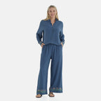 -Maisi Linen Blend Wide Leg Trousers with Floral Embroidery (Size XL) - Blue