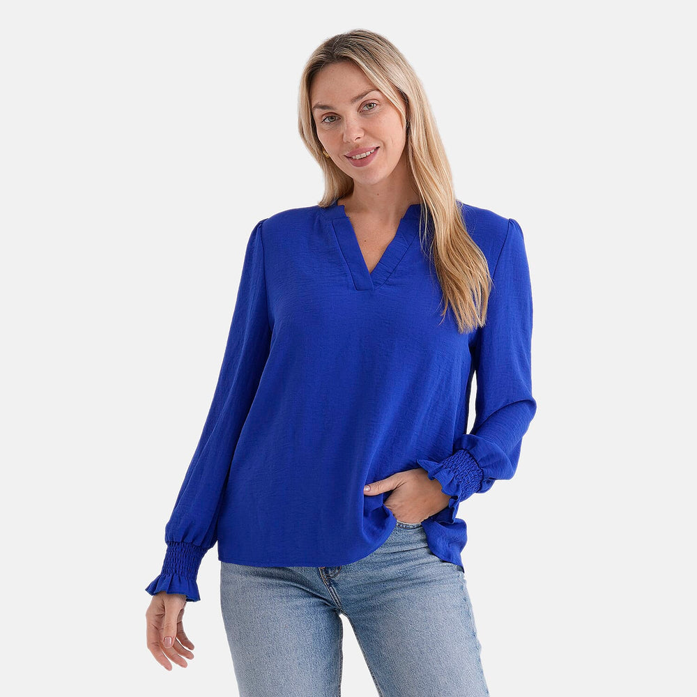 - Maisi Long-Sleeve V-Neck Top with Smocked Cuffs (Size - S) - Blue