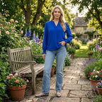 - Maisi Long-Sleeve V-Neck Top with Smocked Cuffs (Size - S) - Blue