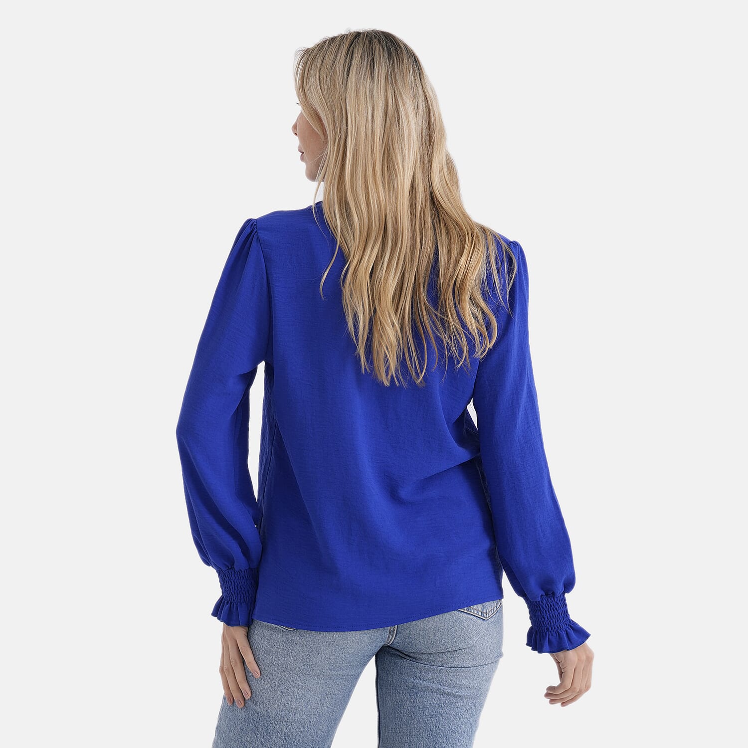 - Maisi Long-Sleeve V-Neck Top with Smocked Cuffs (Size - S) - Blue