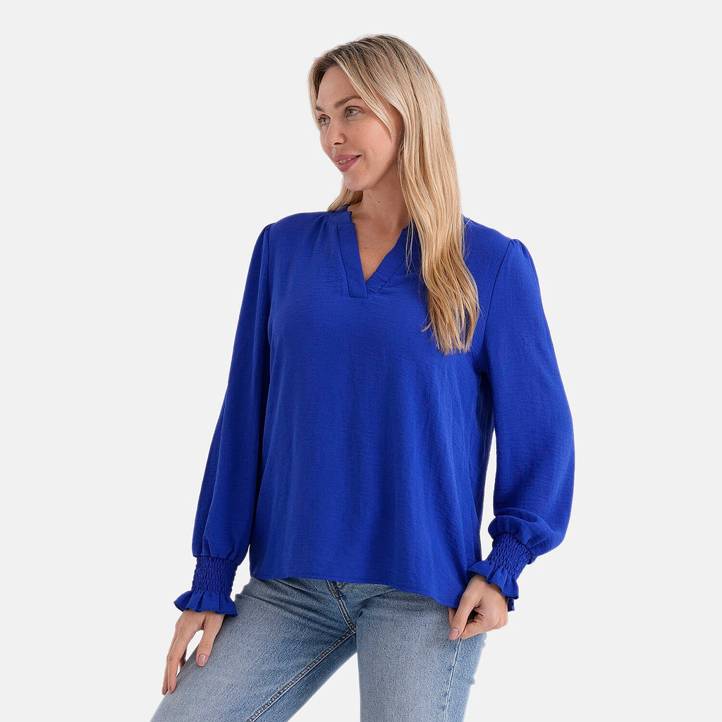 - Maisi Long-Sleeve V-Neck Top with Smocked Cuffs (Size - S) - Blue