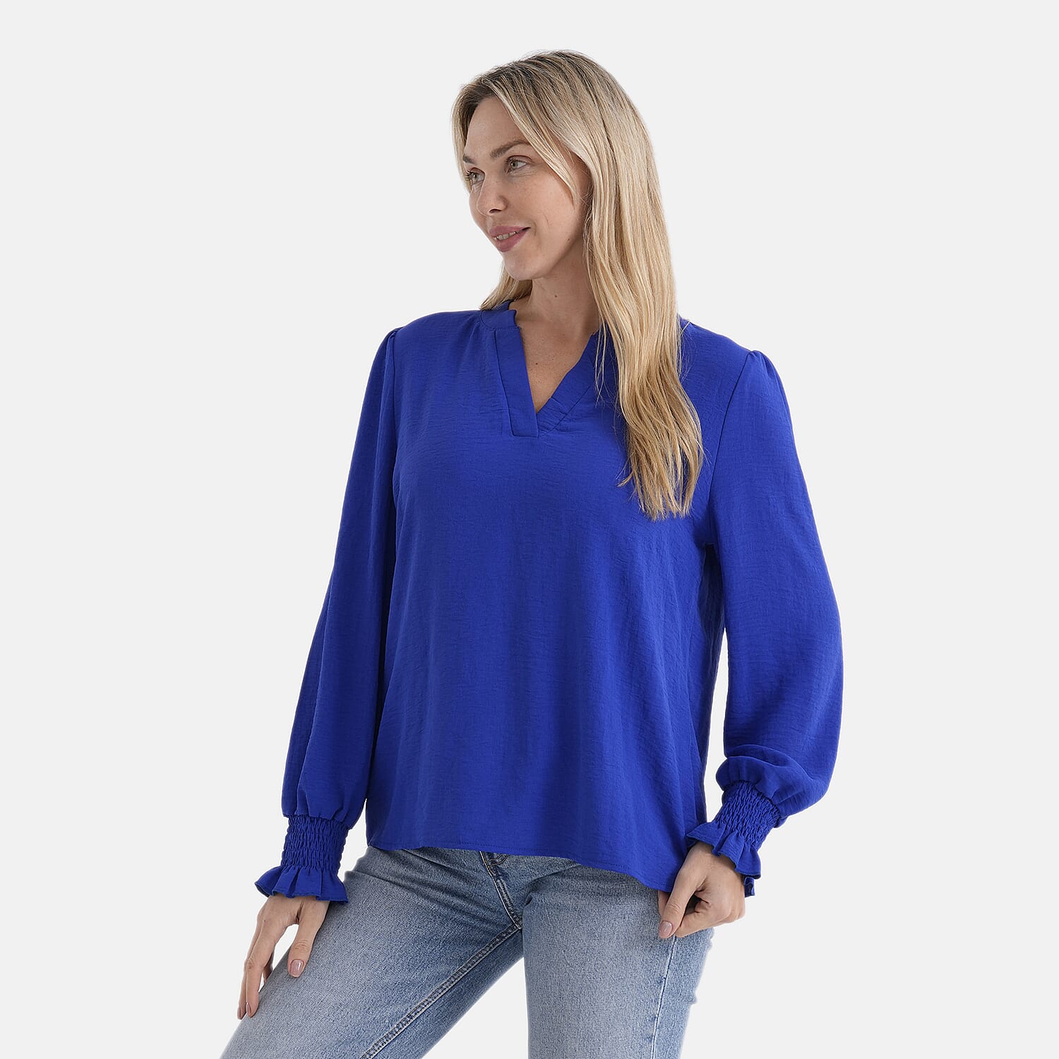- Maisi Long-Sleeve V-Neck Top with Smocked Cuffs (Size - S) - Blue