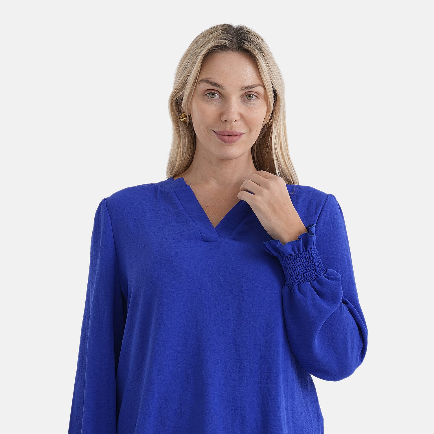 - Maisi Long-Sleeve V-Neck Top with Smocked Cuffs (Size - S) - Blue