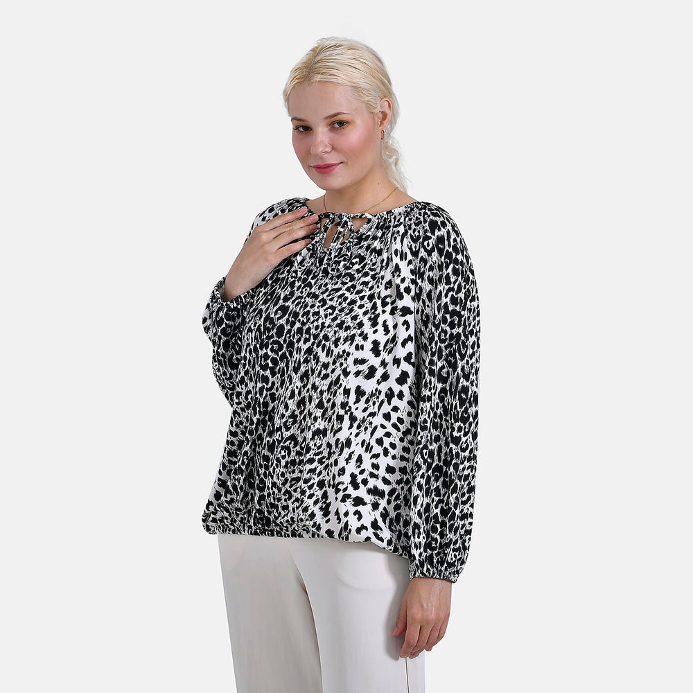 & Maisi Spots Pattern Balloon Sleeve Jersey Top (Size M) - White Base & Black Pattern