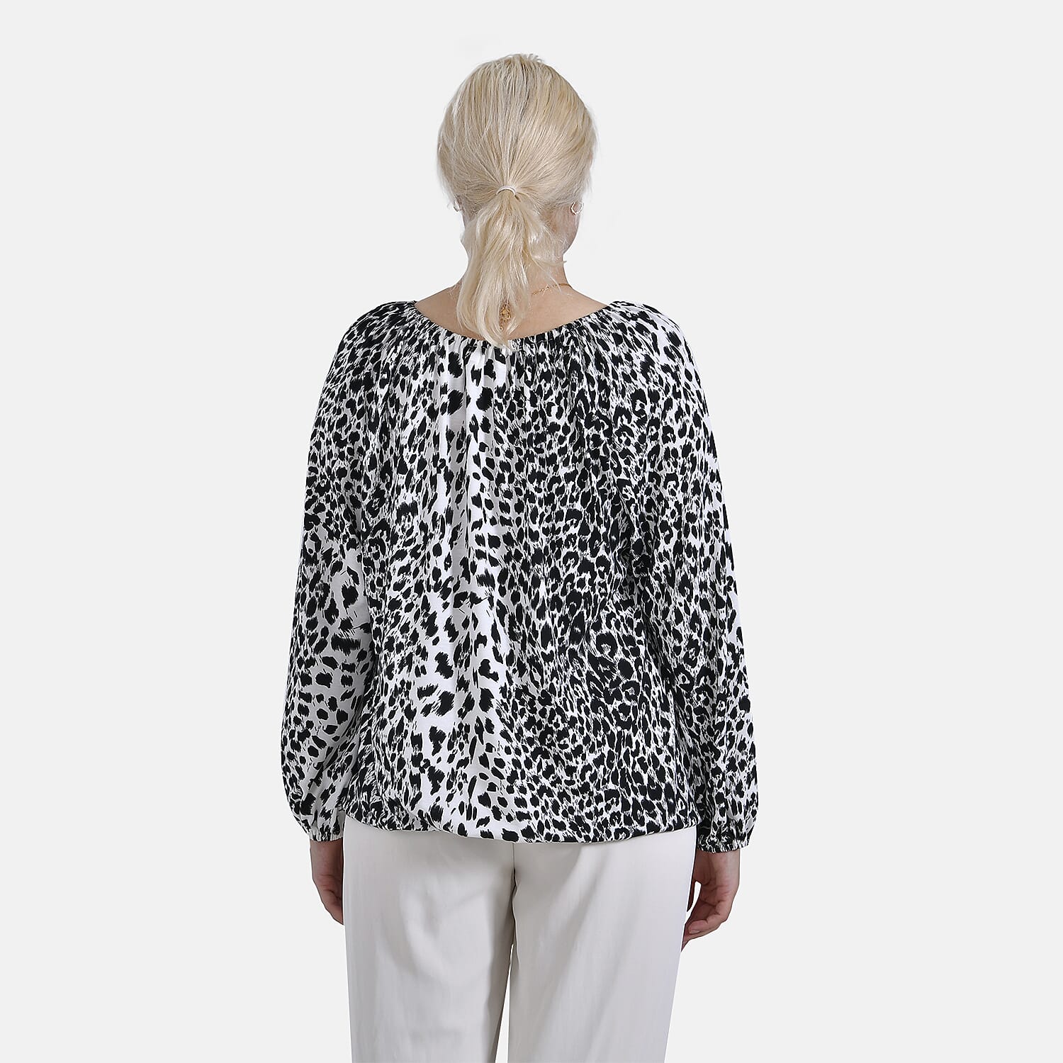 & Maisi Spots Pattern Balloon Sleeve Jersey Top (Size S) - White Base & Black Pattern