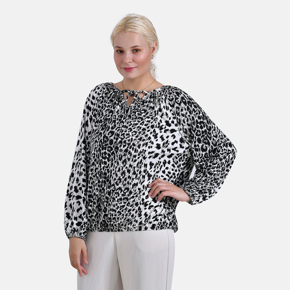 & Maisi Spots Pattern Balloon Sleeve Jersey Top (Size S) - White Base & Black Pattern