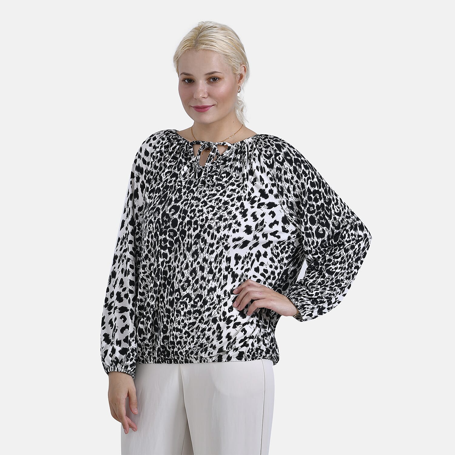 & Maisi Spots Pattern Balloon Sleeve Jersey Top (Size S) - White Base & Black Pattern