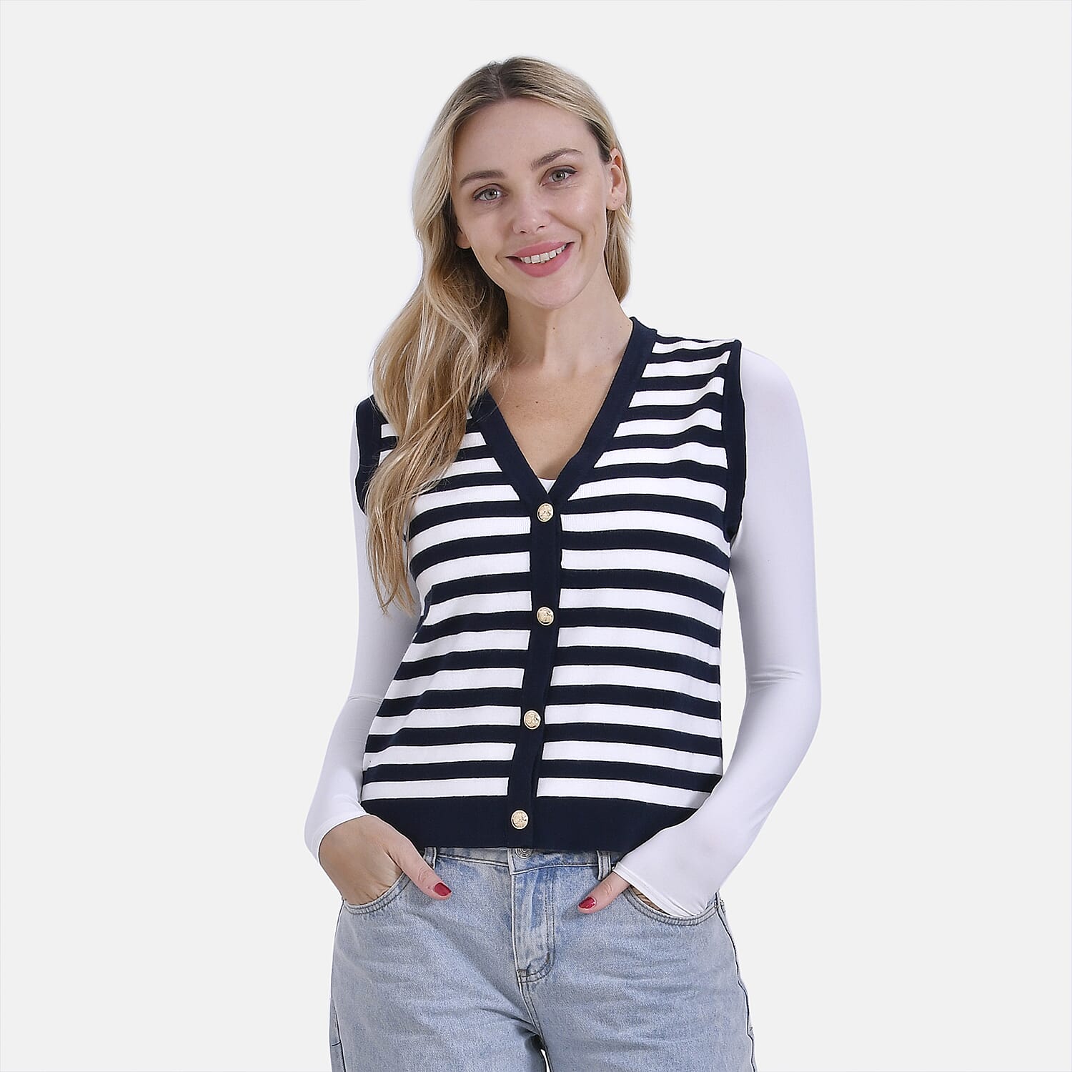& Maisi Stripe Vest (Size - Small) - Navy Blue & White