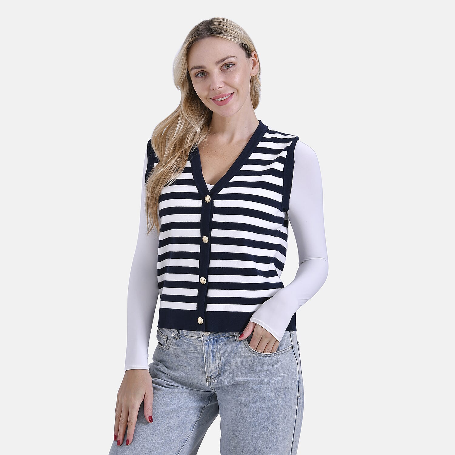 & Maisi Stripe Vest (Size - Small) - Navy Blue & White
