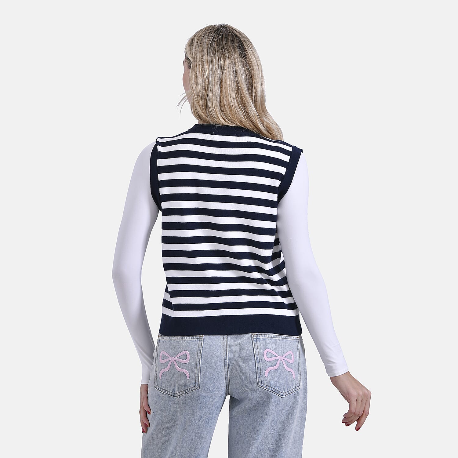 - Maisi Stripe Vest with Gold Button (Size XL) - Navy Blue - White