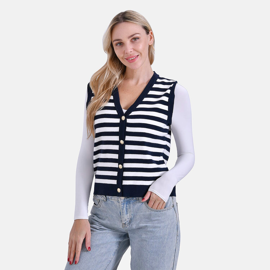 - Maisi Stripe Vest with Gold Button (Size XL) - Navy Blue - White