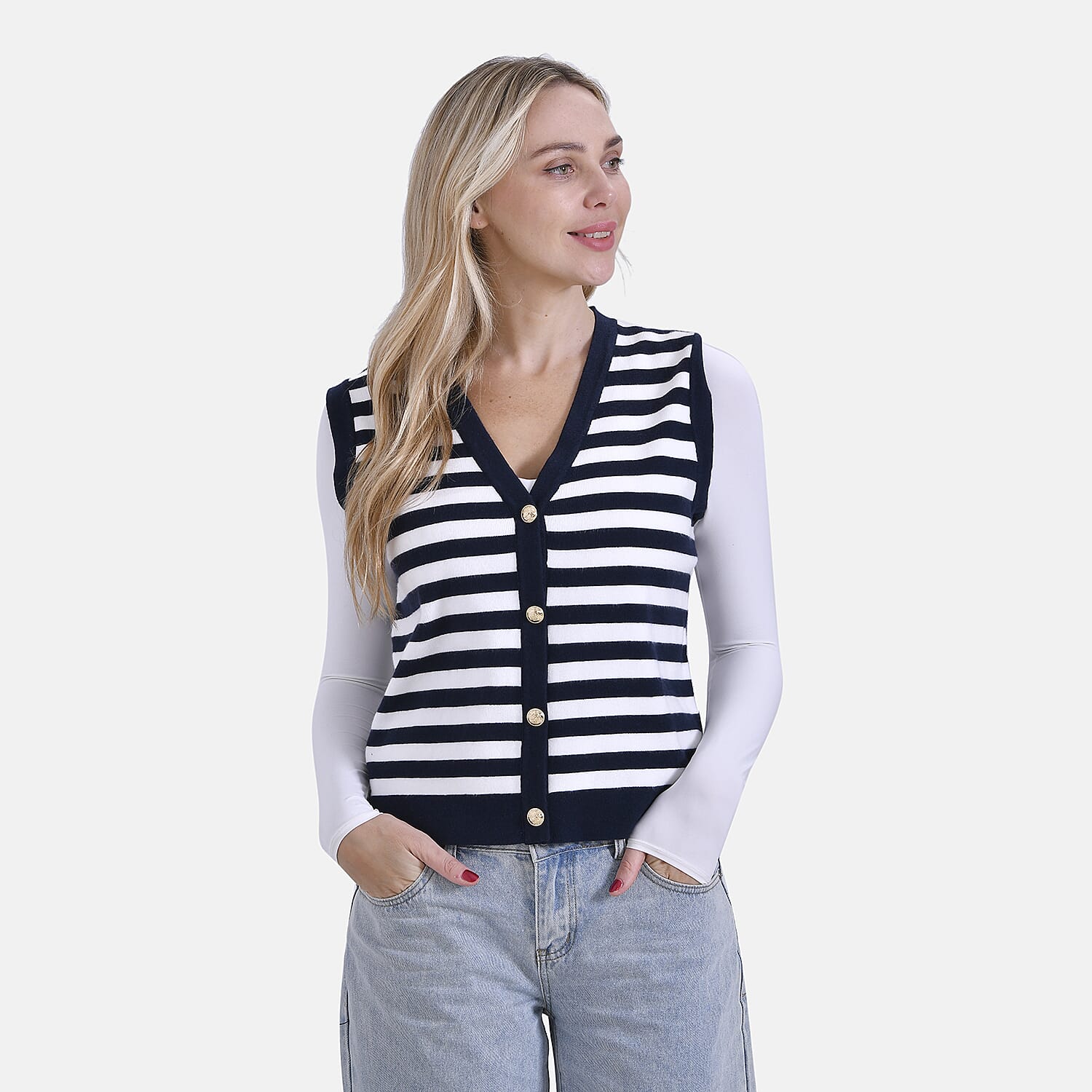 - Maisi Stripe Vest with Gold Button (Size XL) - Navy Blue - White