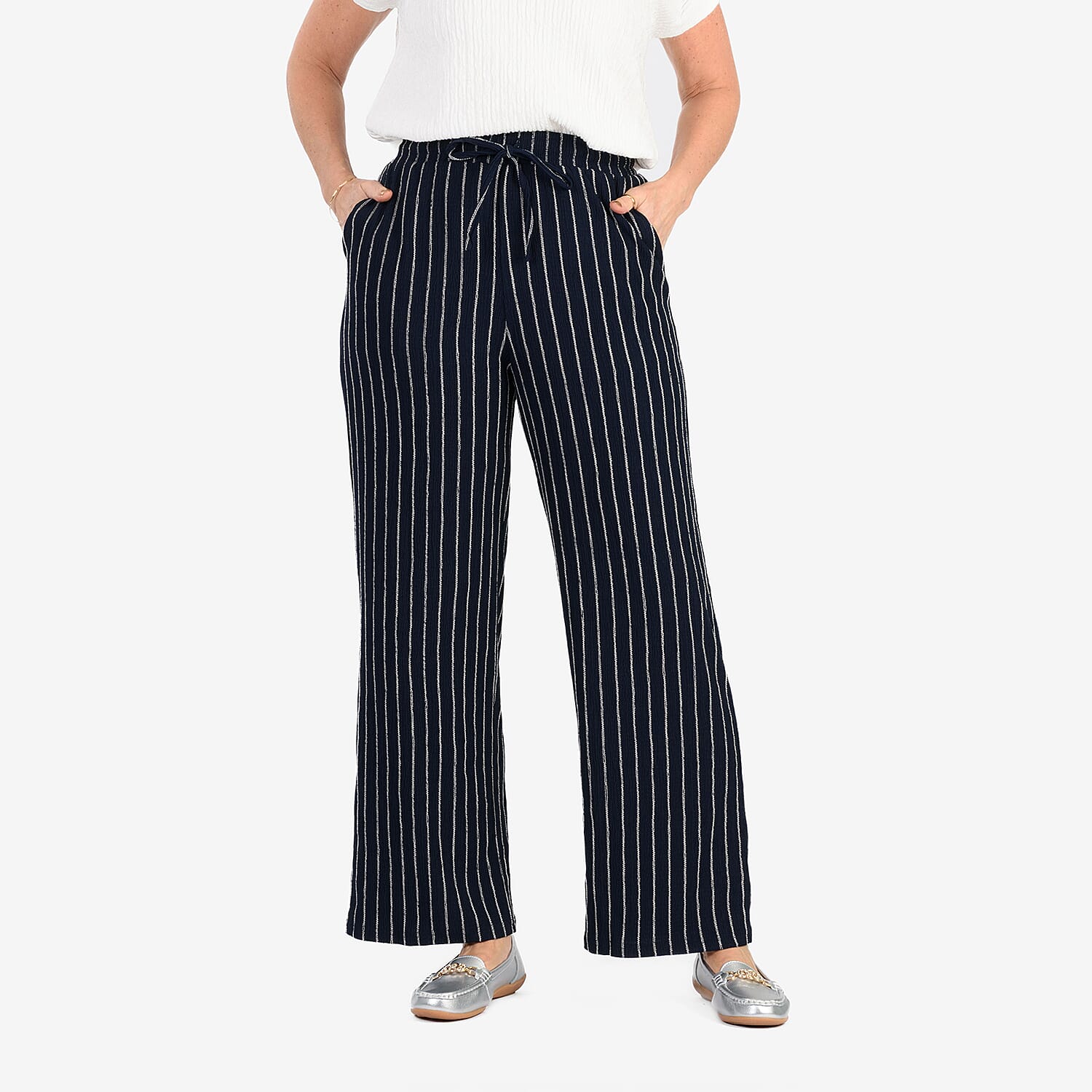 - Maisi Stripe Wide Leg Trousers With Drawstring Waist (Size L) - Navy