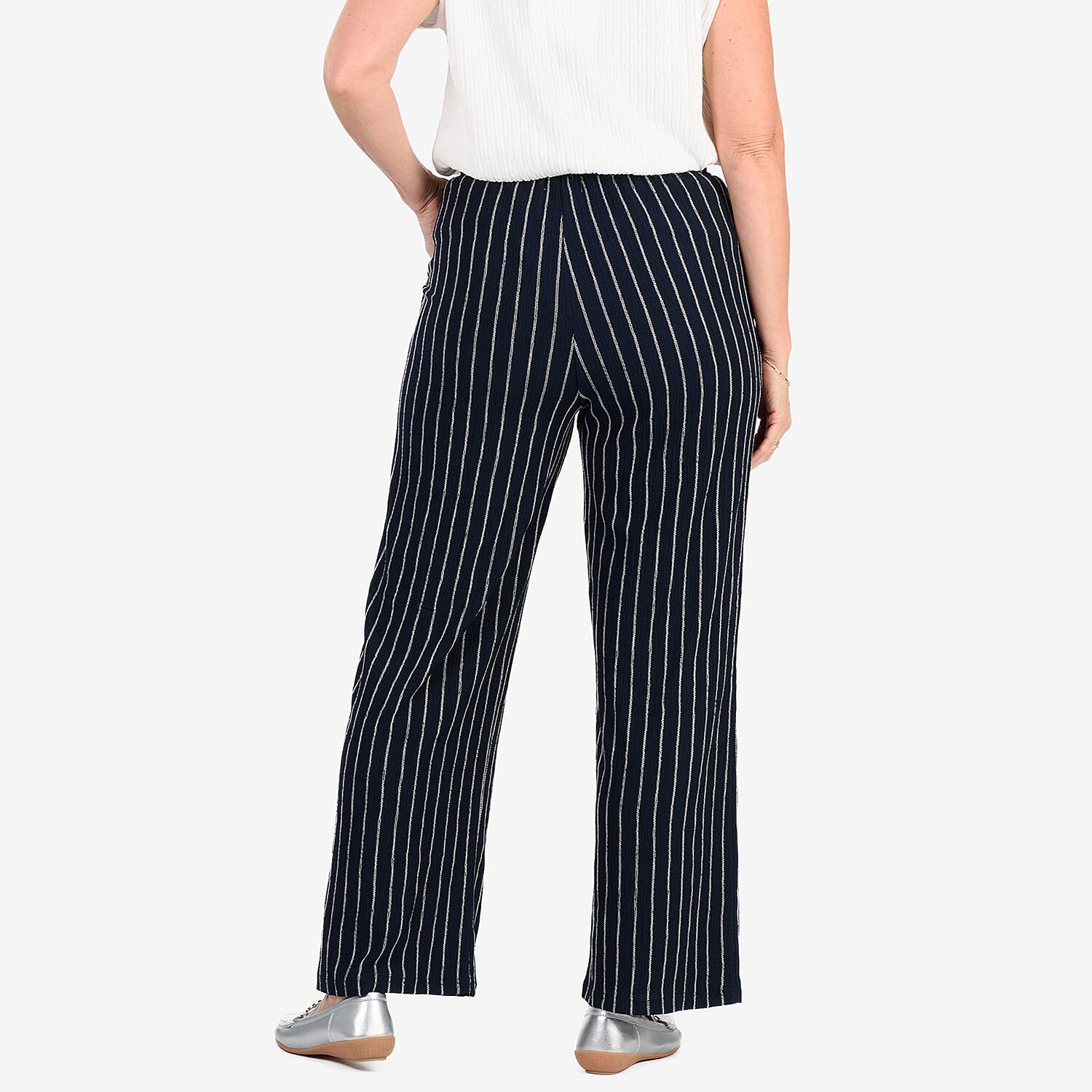 - Maisi Stripe Wide Leg Trousers With Drawstring Waist (Size L) - Navy