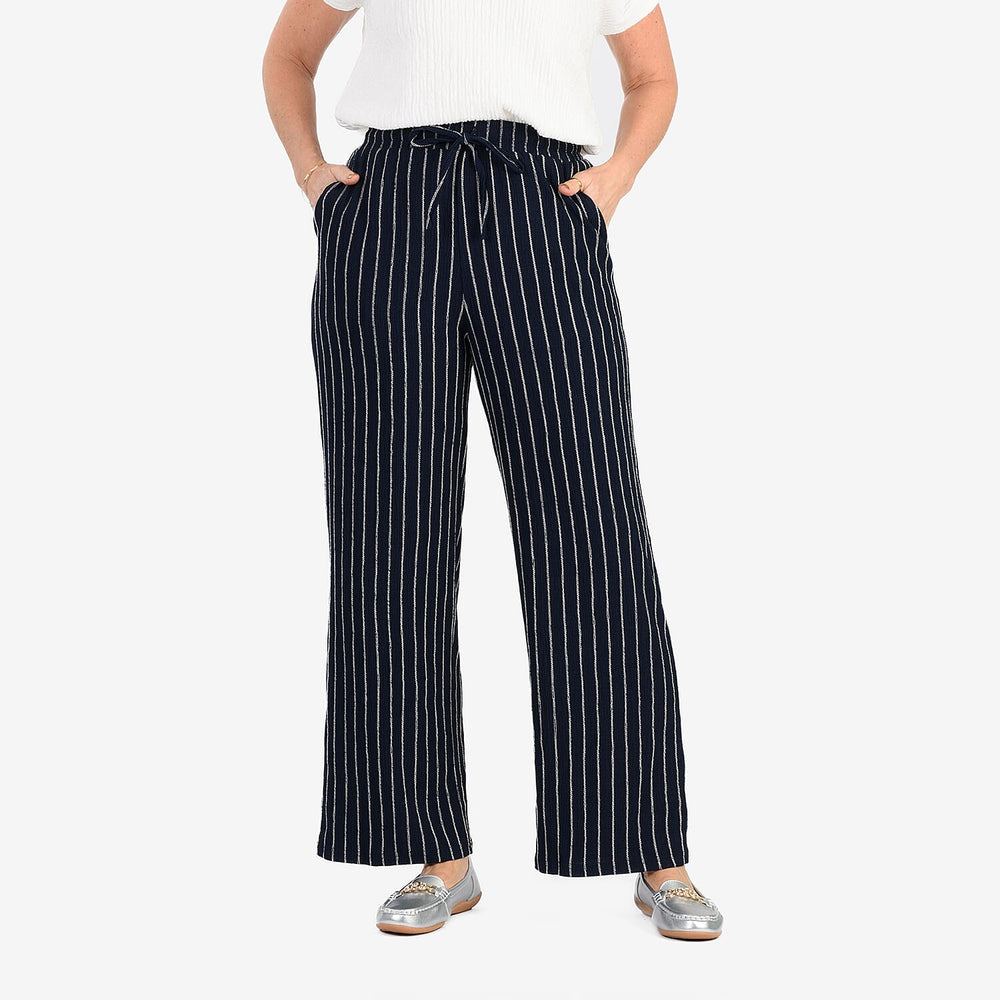 - Maisi Stripe Wide Leg Trousers With Drawstring Waist (Size M) - Navy