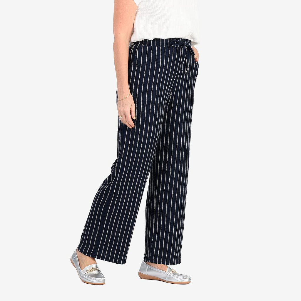 - Maisi Stripe Wide Leg Trousers With Drawstring Waist (Size M) - Navy