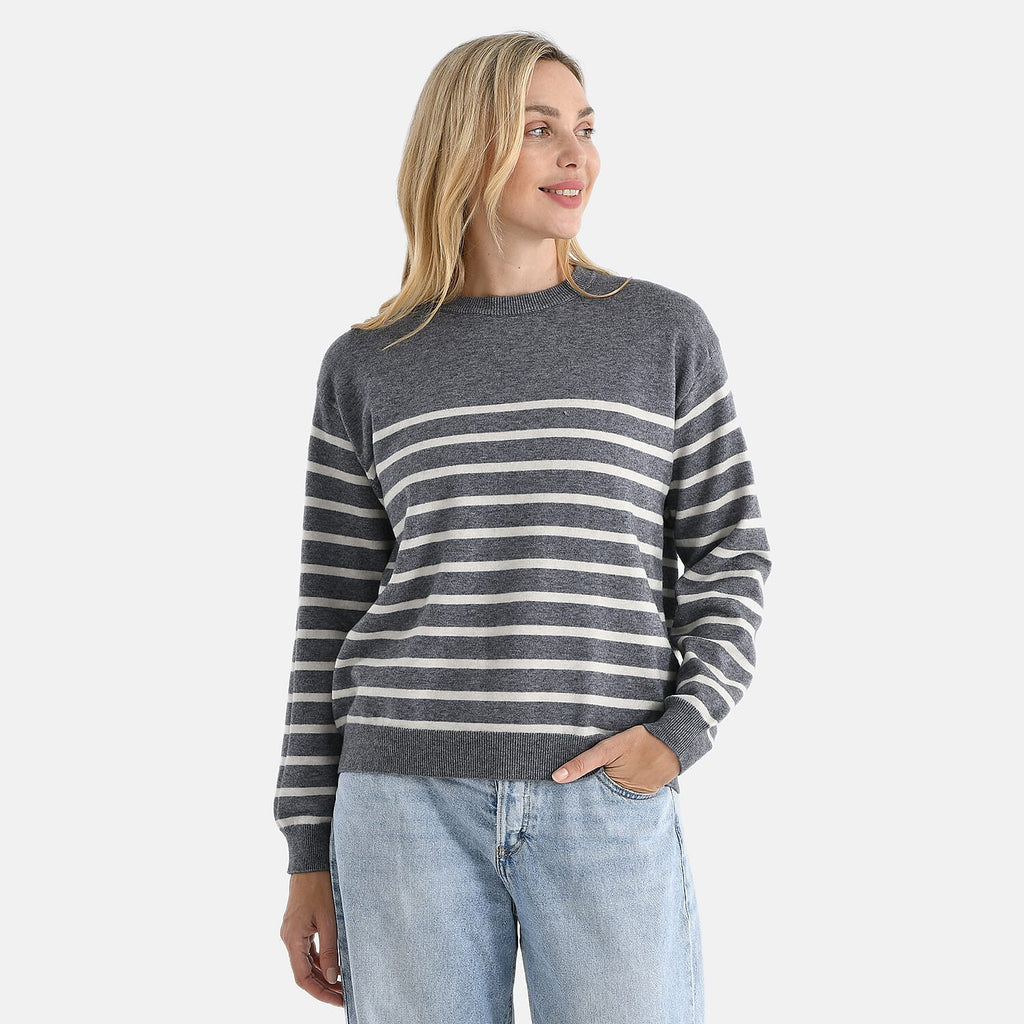 & maisi Women’s Striped Knitted Jumper with Wool Blend, Round Neck & Long Sleeves