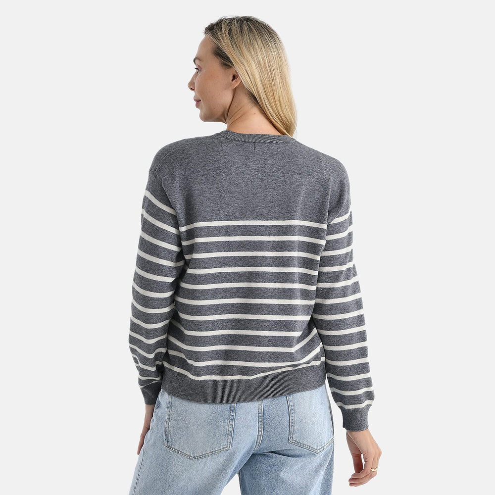 & maisi Women’s Striped Knitted Jumper with Wool Blend, Round Neck & Long Sleeves