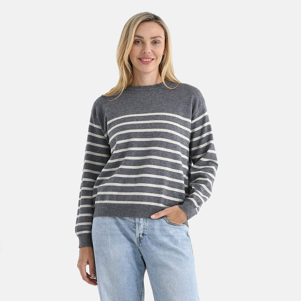 & maisi Women’s Striped Knitted Jumper with Wool Blend, Round Neck & Long Sleeves