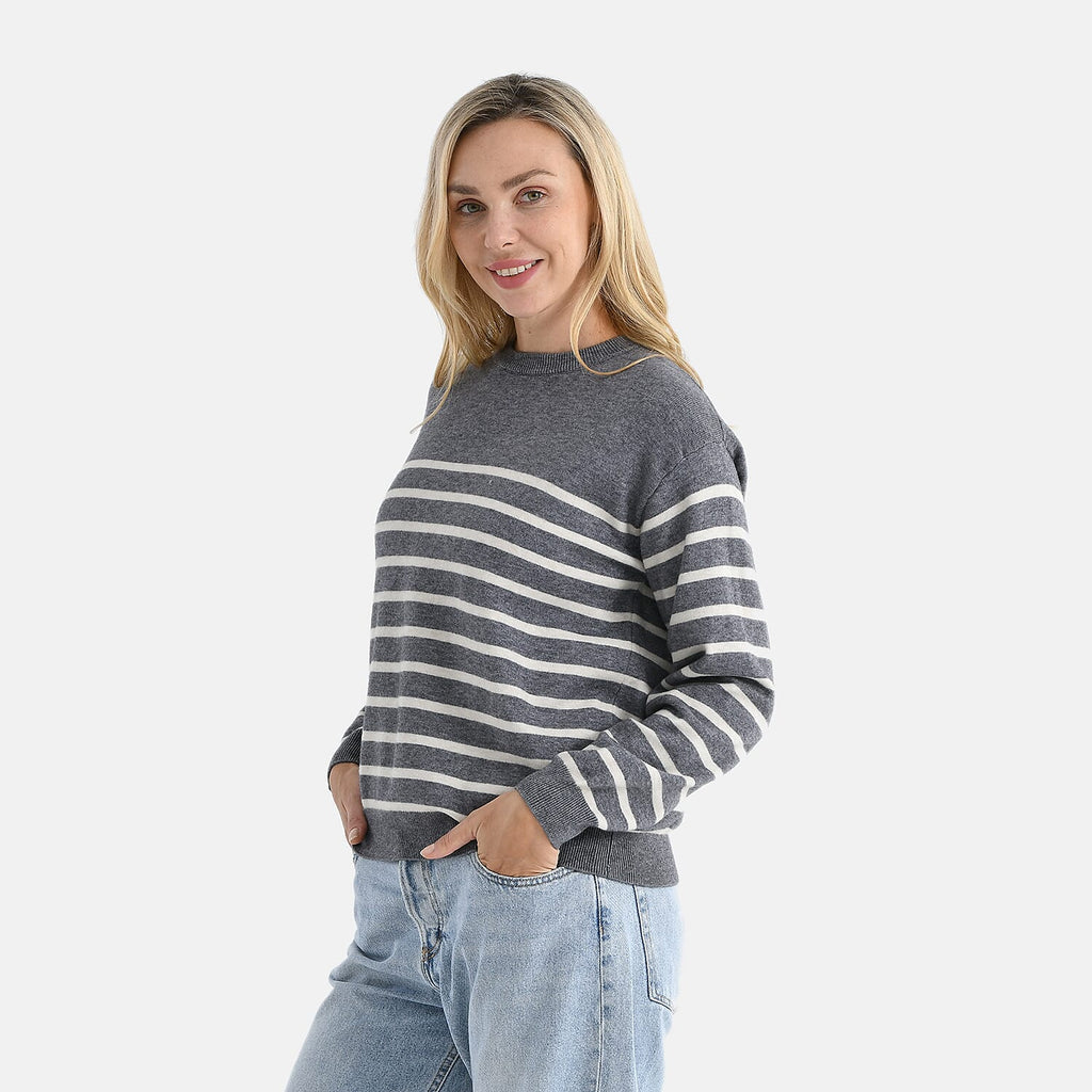 & maisi Women’s Striped Knitted Jumper with Wool Blend, Round Neck & Long Sleeves
