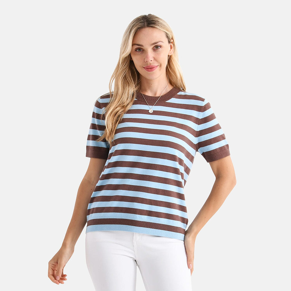 - Maisi Striped Knitted Round Neck Light Softly Brushed Top (Size S) - Blue