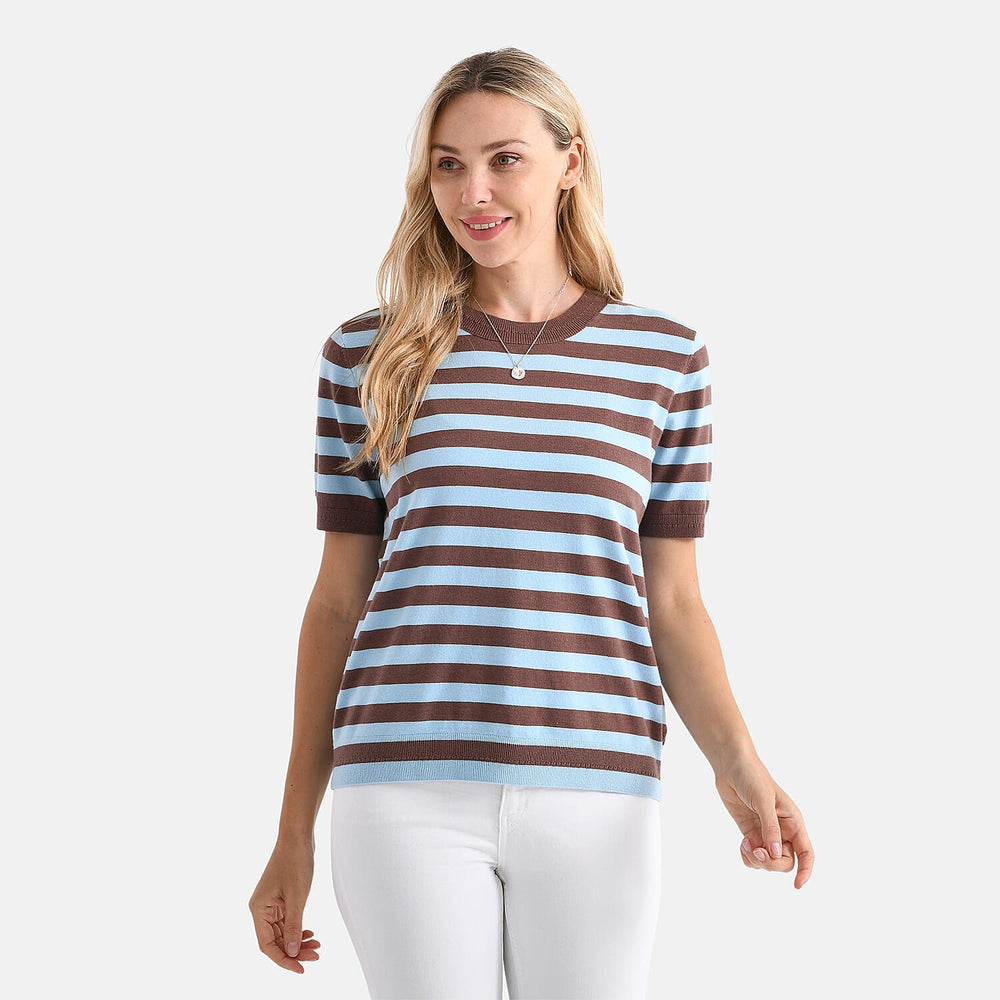 - Maisi Striped Knitted Round Neck Casual Top (Size XL) - Blue - Brown