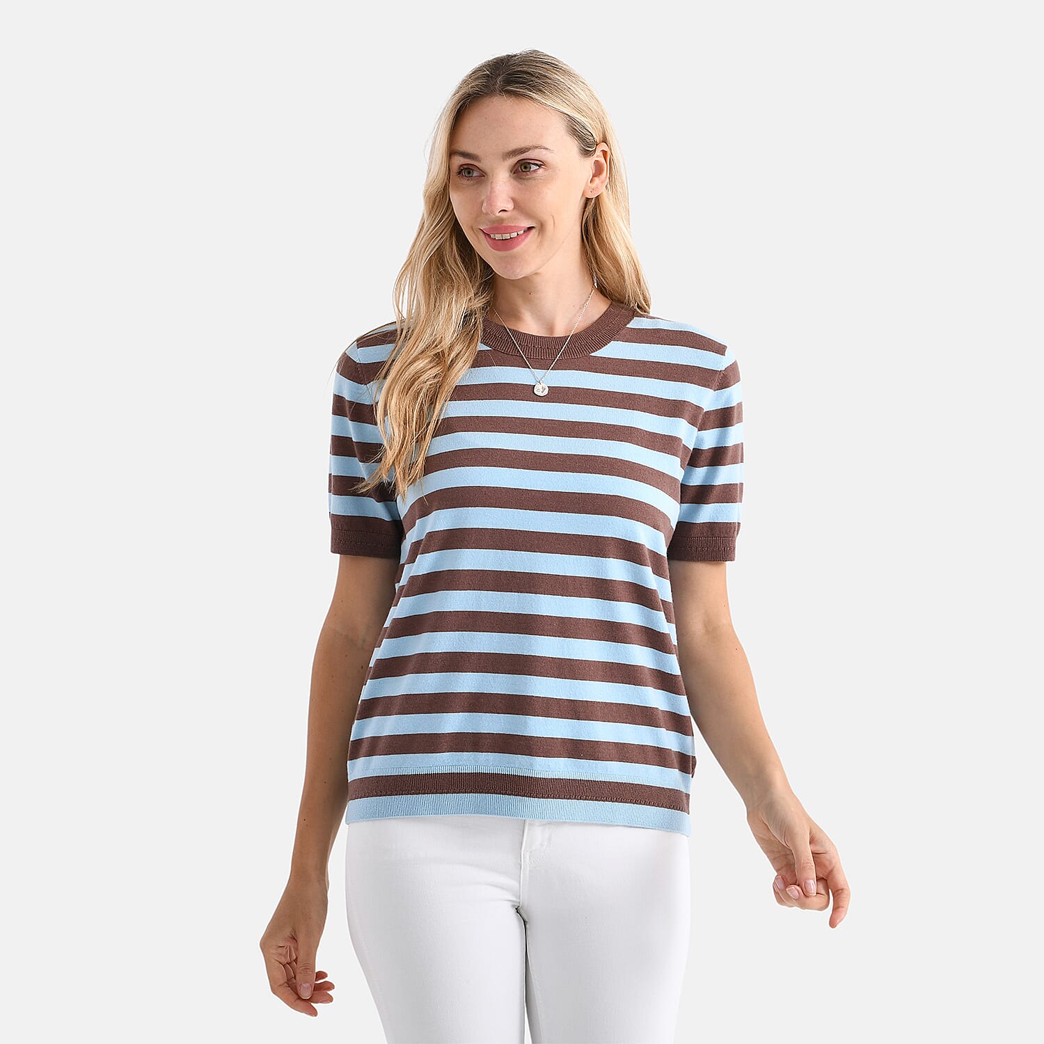 - Maisi Striped Knitted Round Neck Casual Top (Size XL) - Blue - Brown