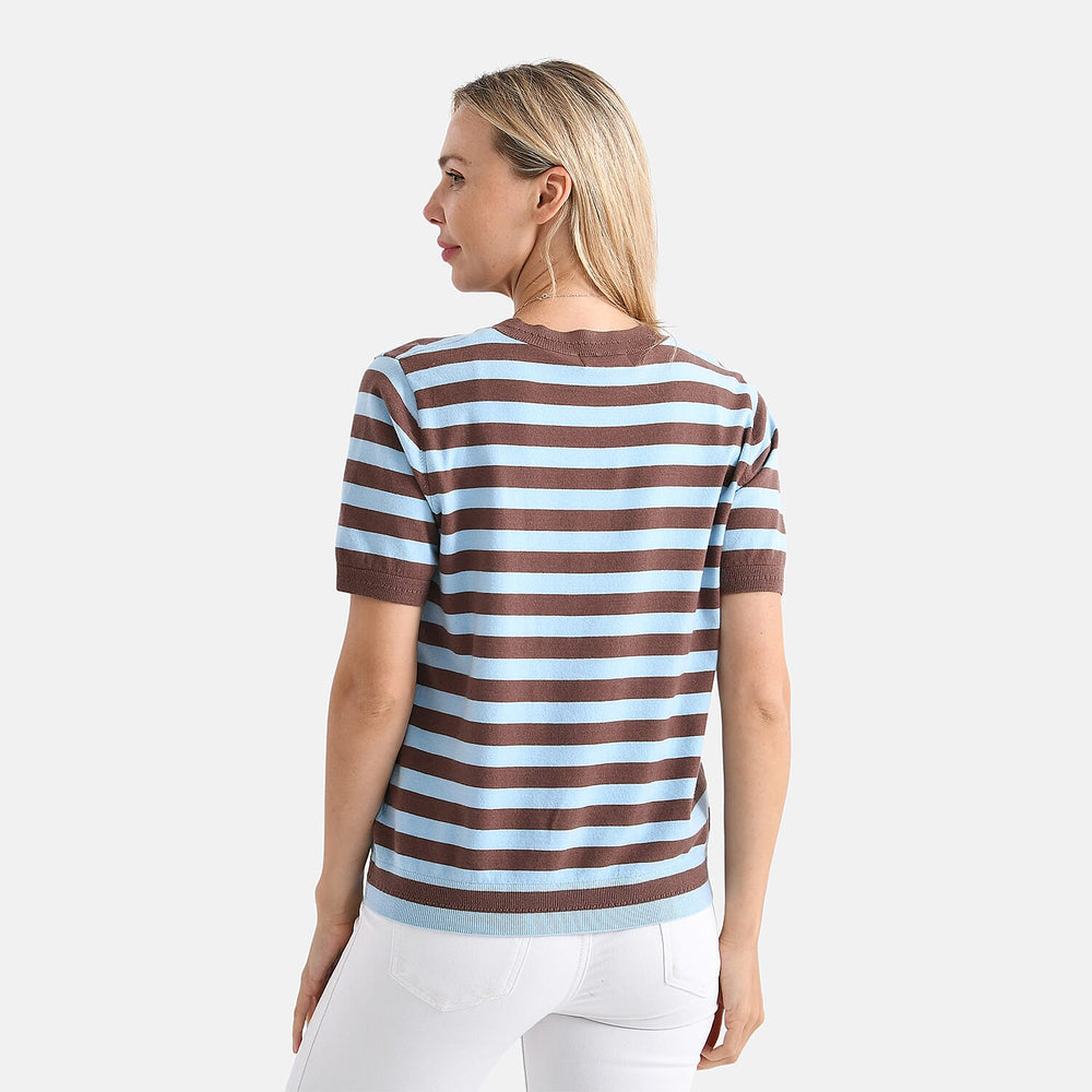 - Maisi Striped Knitted Round Neck Casual Top (Size XL) - Blue - Brown