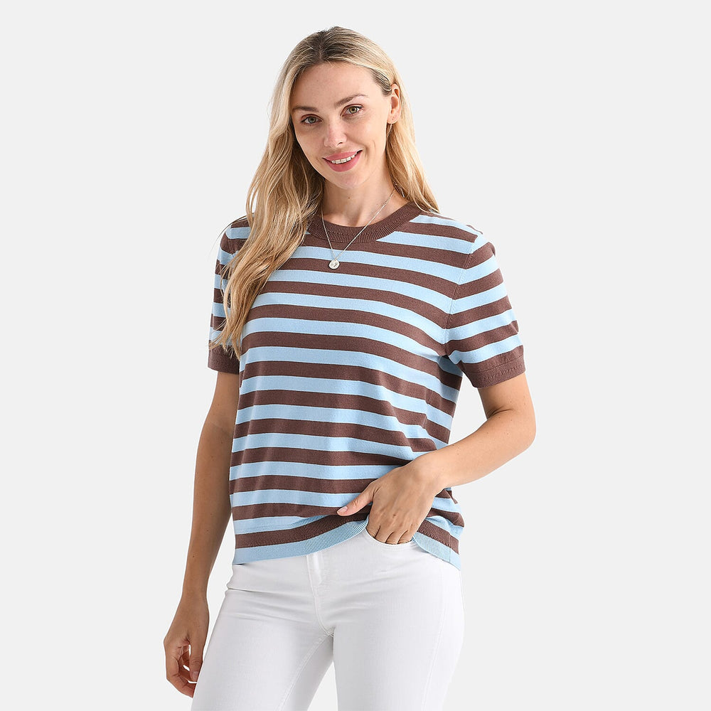 - Maisi Striped Knitted Round Neck Casual Top (Size XXL) - Blue - Brown
