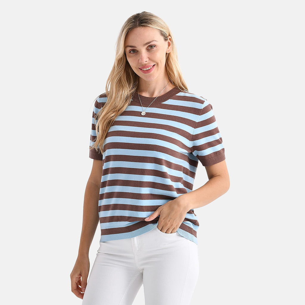 - Maisi Striped Knitted Round Neck Casual Top (Size XXL) - Blue - Brown