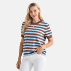 - Maisi Striped Knitted Round Neck Casual Top (Size XXL) - Blue - Brown