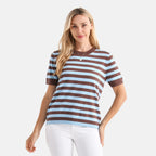 - Maisi Striped Knitted Round Neck Casual Top (Size XXL) - Blue - Brown