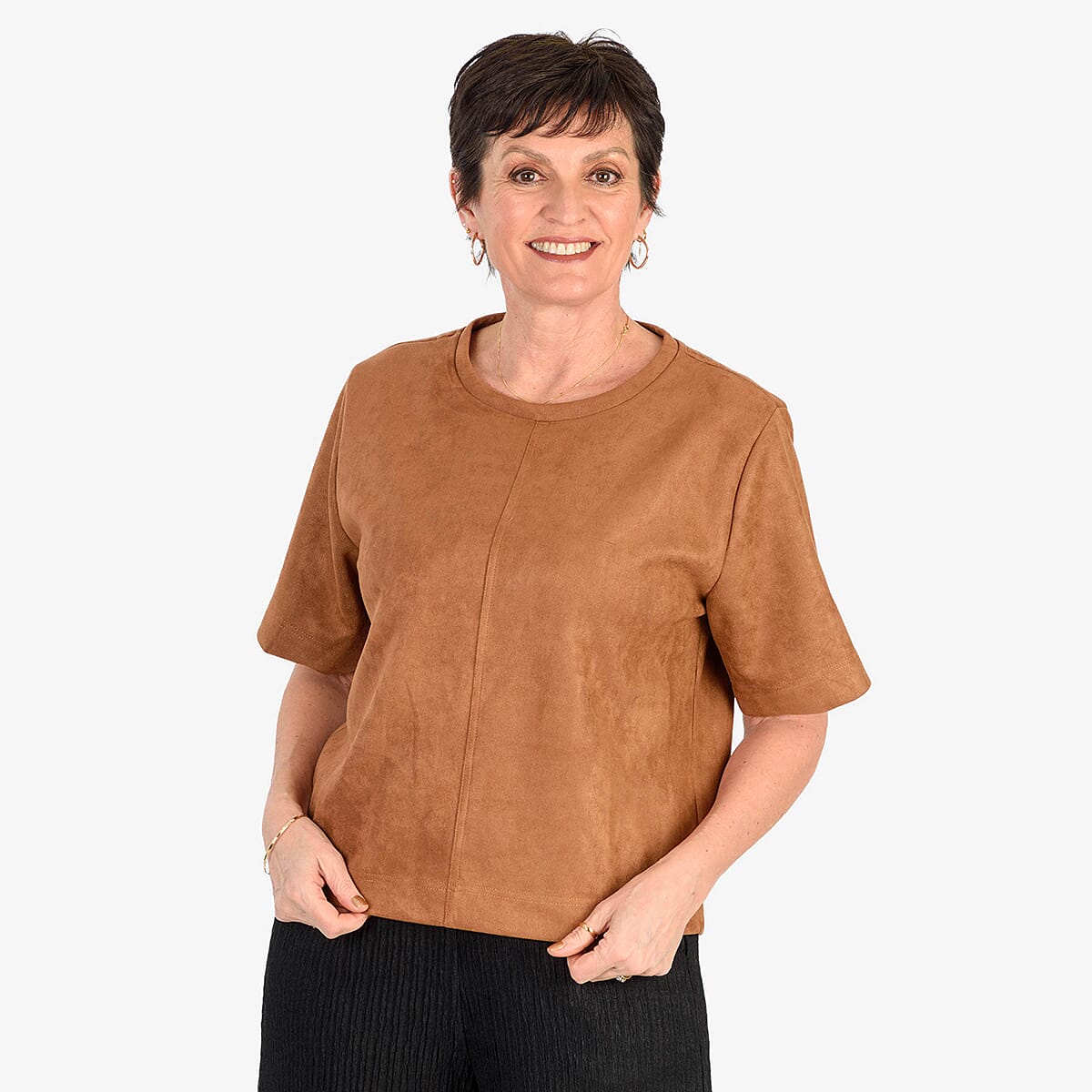 - Maisi Suede Feel Casual Relaxed T-Shirt (Size L) - BROWN