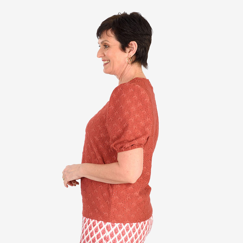 - Maisi Butterfly Embossed Puffed Sleeve Top (Size L) - Red