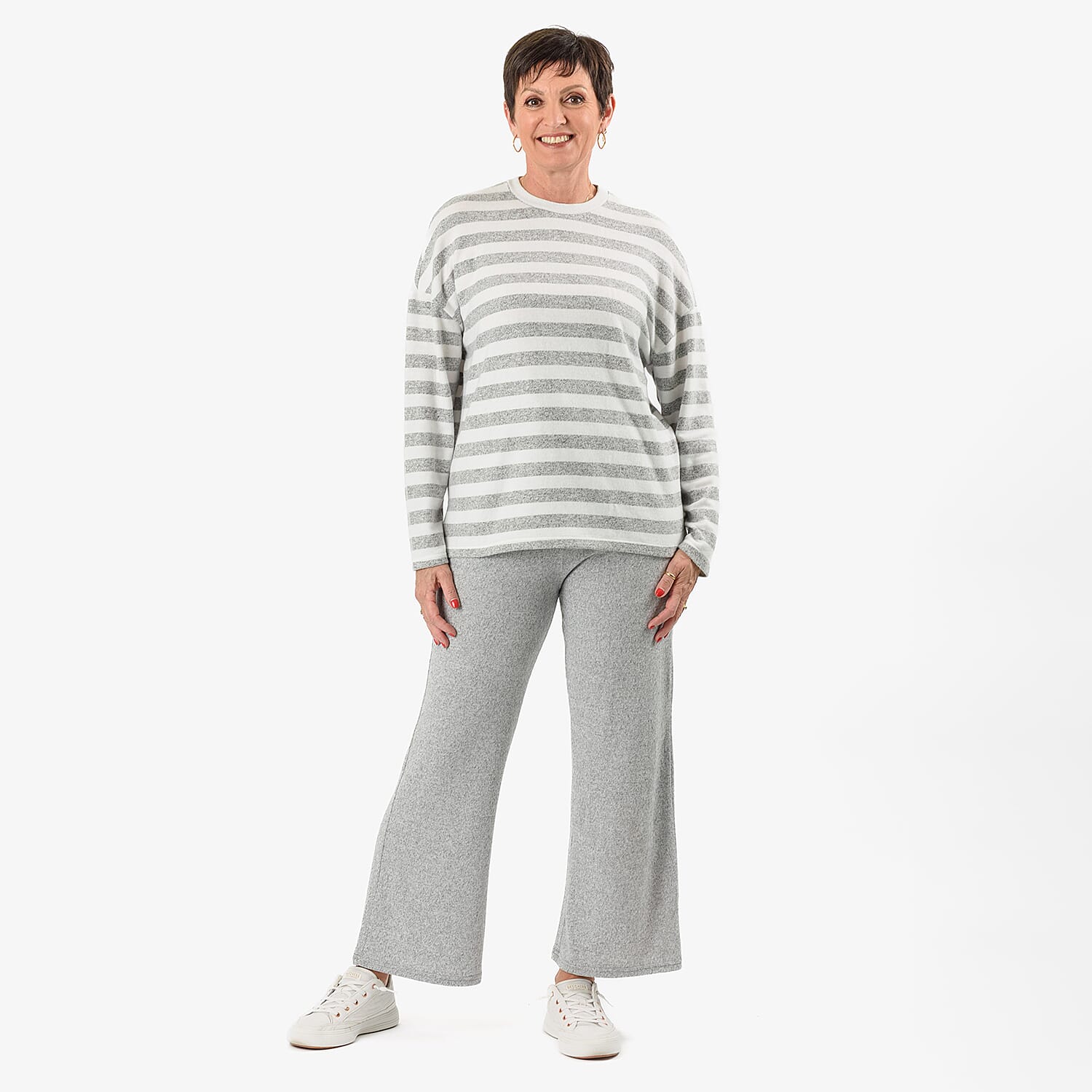 - Maisi Cashmere-Feel Stripe Top (Size L) - Grey - White